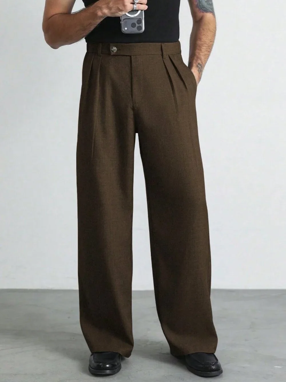 Coffee Brown Loose Fit Men's Plain Wide Leg Straight Long Pants